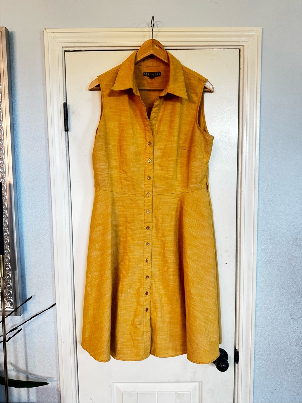 Sharagano Sleeveless Collared Button-Front Sunflower Dress cotton blend